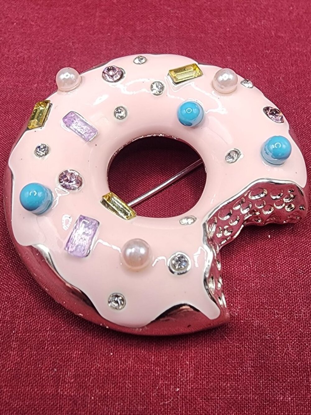 Napier Donut Brooch Pink Enamel Rhinestones Novelty Pin